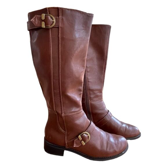 Life Stride Tall Riding Boots Cognac Brown Vegan Leather Buckle Detail Zip 6.5 - Picture 1 of 10